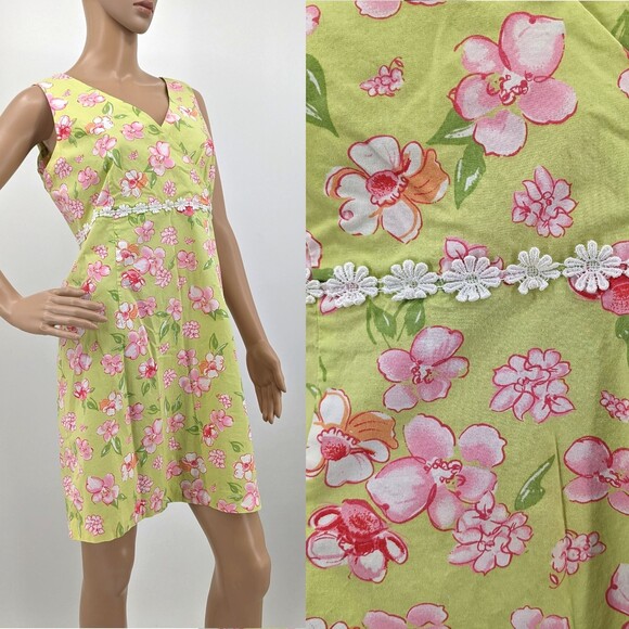 Vintage y2k Bay Studio Midi Dress Faux Wrap Floral Green Crochet Size Petite M - Picture 3 of 10